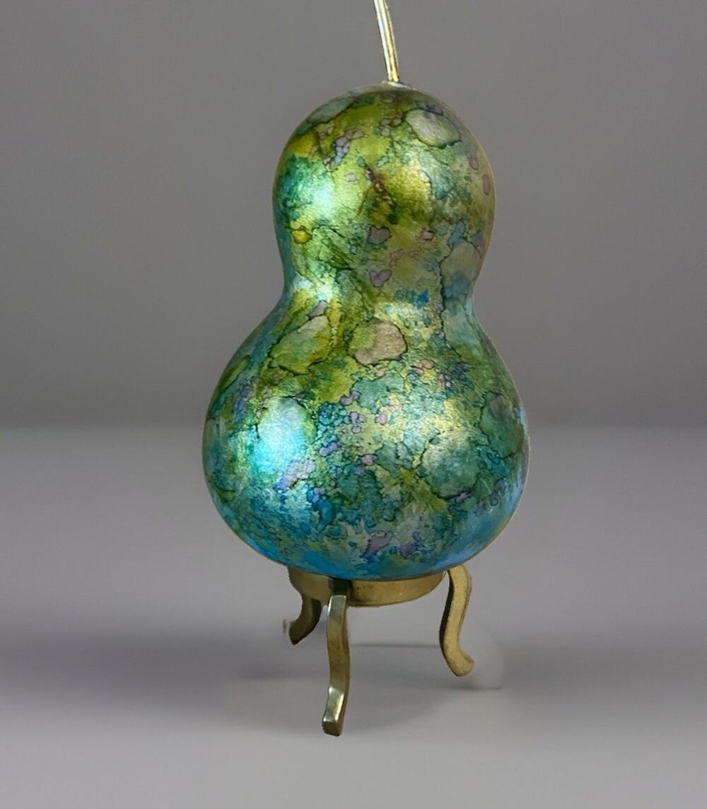 Hand Painted Gourd Pear Decor Iridescent Metallic Design with Brass Stand 6.75"